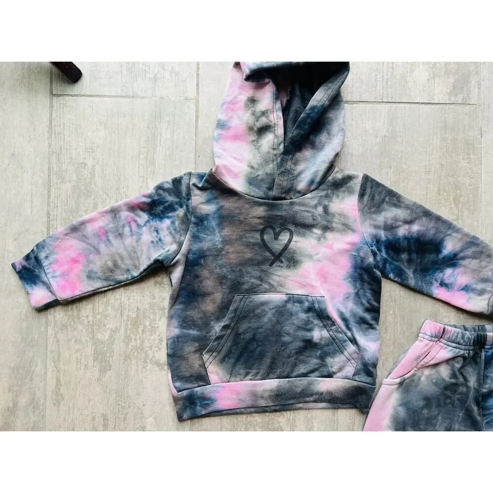 Toddler Girl Heart Tie Dye Hoodie & Jogger Pants Tracksuit 2 Piece Outfit Set 2T